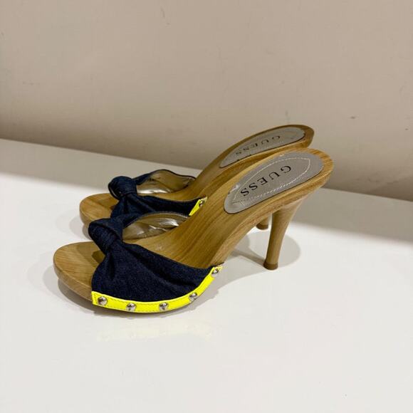 Guess Denim Slip On Wooden Mules Heels Brown/Blue with Yellow Trim Women Size 6 - Picture 1 of 6